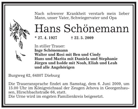 Traueranzeigen von Hans Schönemann trauer op online de