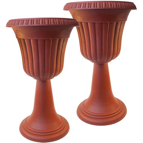 Aleko Tall Terra Cotta Color Plastic Garden Flower Plant Azura Urn Planter Lot Of 2