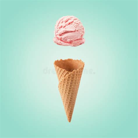 Pink Ice Cream Scoop With Ice Cream Cone On Bright Background Minimal