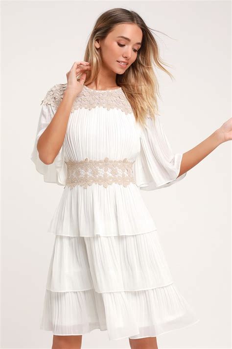 Lovely White Dress Lace Dress Pleated Dress Lwd Lulus