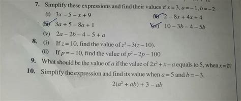 7 Simplify These Expressions And Find Their Values If X 3 A −1 B −2 I