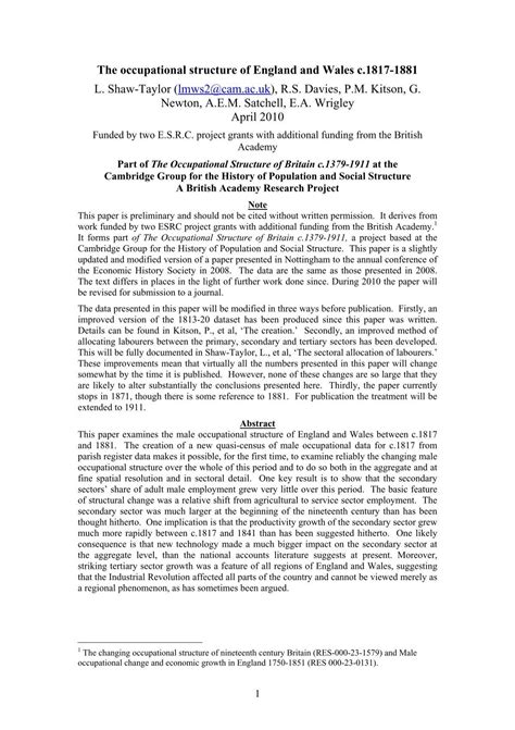 The Occupational Structure Of England And Wales C To