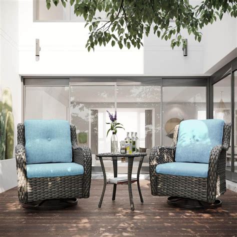 JOYSIDE 3 Piece Wicker Patio Conversation Set With Sky Blue Cushions