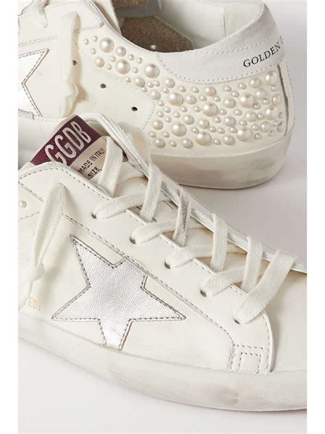 GOLDEN GOOSE Superstar Pearl Embellished Distressed Leather Sneakers