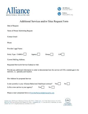 Fillable Online Alliancebhc Additional Services And Or Sites Request