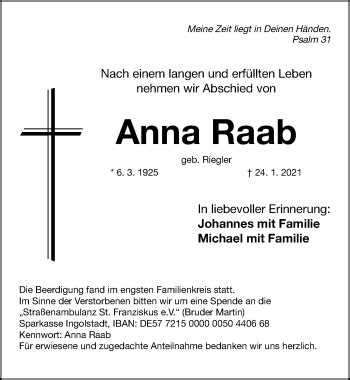 Traueranzeigen Von Anna Raab Trauer Nn De