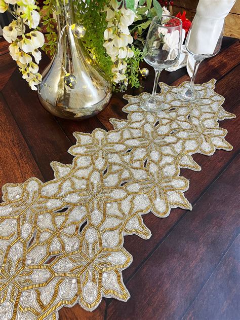 Handmade Table Runner Beaded Table Runner Gold And Clear Etsy