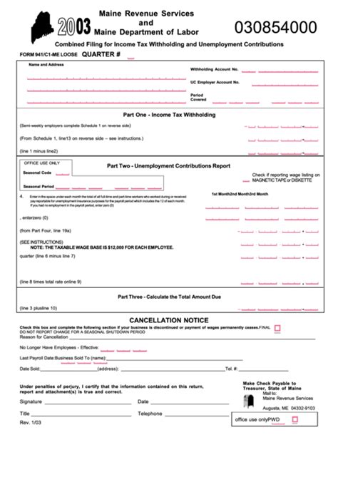 Form 941 C1 Me Combined Filing For Income Tax Withholding And Unemployment Contributions