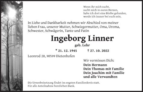 Traueranzeigen Von Ingeborg Linner Trauer Flz De