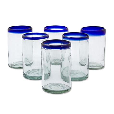 Novica Artisan Crafted Hand Blown Clear Cobalt Blue Rim Recycled Glass Tumblers14 Oz Classic