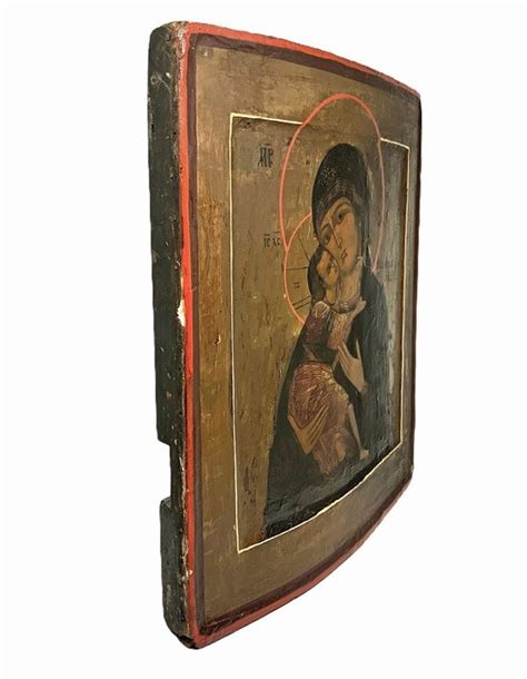 Icona Russa Con Pittura A Tempera Raffigurante Madonna Di Vladimir