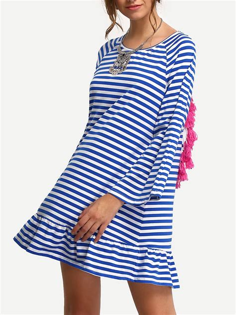 Blue White Striped Backless Tassel Shift Dress Shein Sheinside