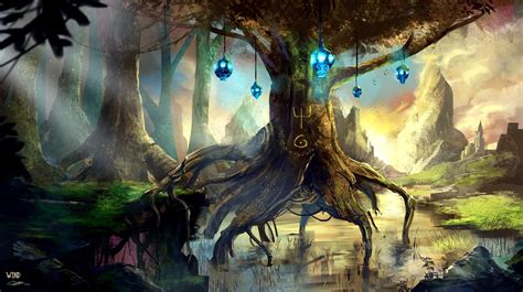 Green Leafed Tree Illustration Fantasy Art Hd Wallpaper Wallpaper Flare