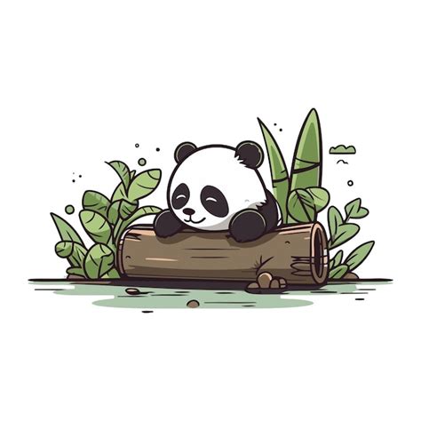 Lindo Oso Panda Sentado En Un Tronco Ilustraci N Vectorial Vector Premium