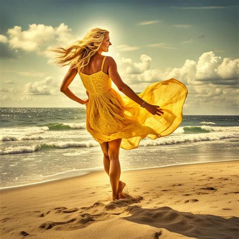 A Tanned Blonde Lady On The Beach In A Yellow Sundress Happy Carefree