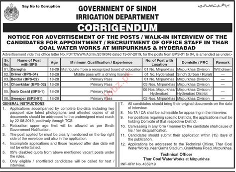 Irrigation Department Hyderabad Jobs 2019 2023 Job Advertisement Pakistan