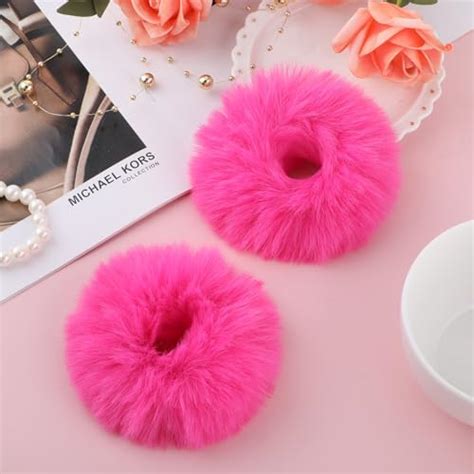 Amazon Lusofie 2Pcs Hot Pink Pompom Hair Tie Furry Faux Rabbit