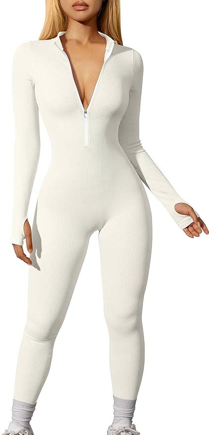 Oqq Women Yoga Jumpsuits Workout Ribbed Long Sleeve Zip