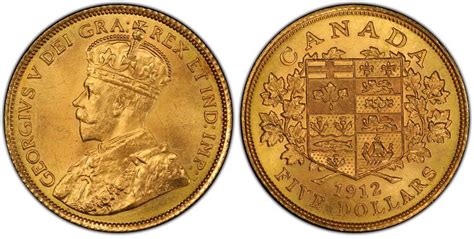 Value of a 1912 Canada 5 Dollar Gold Coin featuring George V