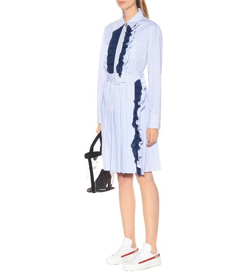 Ruffle Trimmed Striped Cotton Dress In Blue Prada Mytheresa In 2024