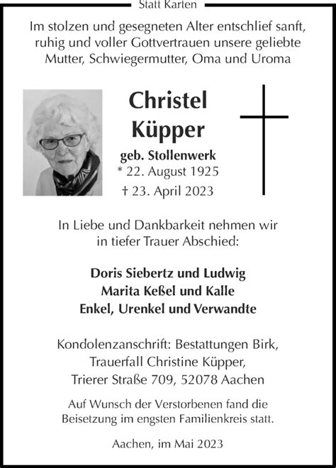 Traueranzeigen Von Christel K Pper Aachen Gedenkt