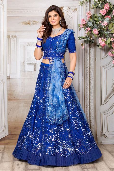 Buy Blue Raw Silk Net Embroidered Mirror V Neck Bridal Lehenga Set For