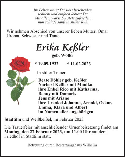 Traueranzeigen von Erika Keßler trauer in thueringen de