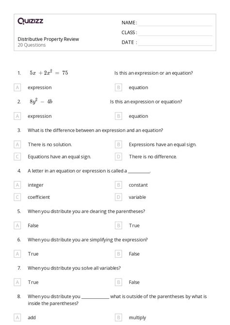 Distributive Property Worksheets For Th Grade On Quizizz