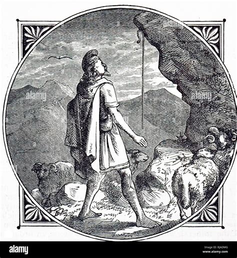 An engraving depicting Magnes the shepherd on Mount Ida, a mythological ...