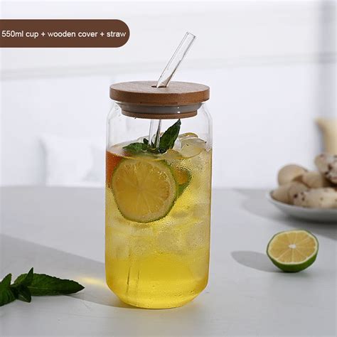 Drinking Glasses With Bamboo Lids And Glass Straw Set 16oz Can Shaped Cups Beer Glasses Iced