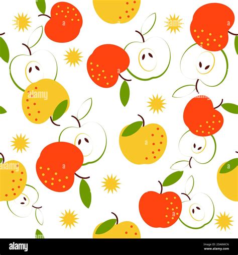 Seamless Pattern With Fruit Red And Yellow Apples On White Background