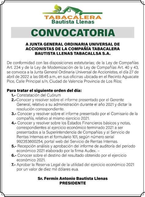 Convocatoria A Junta General Ordinaria De Accionistas Tabacallsa S A