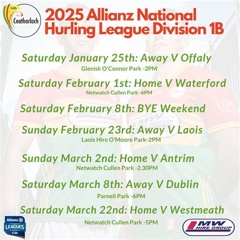 2025 Allianz National Hurling Football League Fixtures Carlow GAA