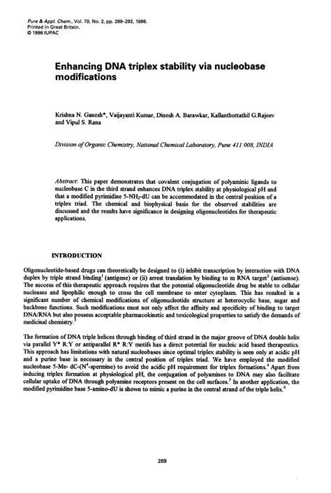 Pdf Enhancing Dna Triplex Stability Via Nucleobase Modification