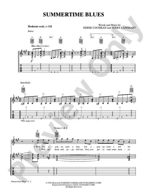 Summertime Blues: Guitar: Eddie Cochran - Digital Sheet Music Download