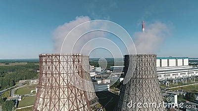 Aerial View On The Working Power Station Cooling Tower Of Nuclear