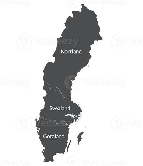 Sweden map. Map of Sweden divided into three main regions in grey color ...