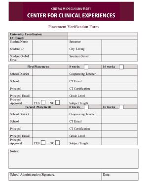 Fillable Online Www2 Cmich Placement Verification Form Fax Email Print