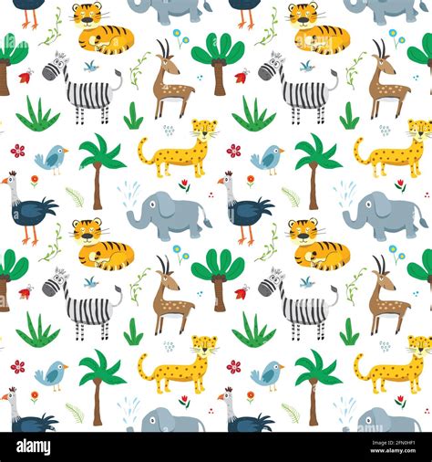 Cute Animals Seamless Pattern Cartoon Animals And Plants Doodles