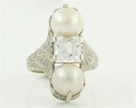 Art Deco Pearl Ring Vintage 10K White Gold White Sapphire Cultured