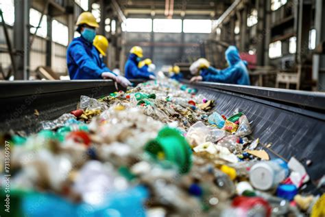 Workers In Protective Gear Sorting Recyclable Materials On A Conveyor