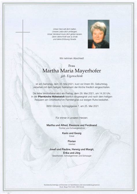 Mayerhofer Martha Maria Städtische Bestattung Gmünd