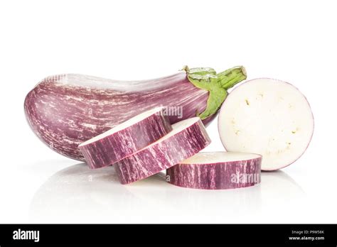 One Striped Purple Eggplant With Ring Slices Isolated On White