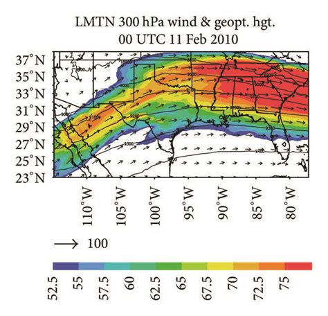 Simulated 12 km 300 hPa wind m s¹ and geopotential height in gpm