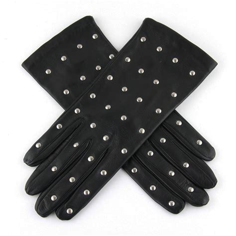 Uk Ladies Black Italian Leather Gloves With Silver Studs