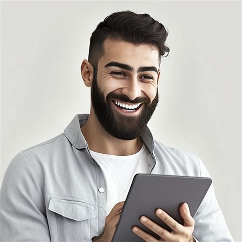 Premium Ai Image Smilling Man With A Beard Is Holding A Tablet In His