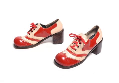 Vintage 70s Platform Shoes High Heel Glam Rock Tan Red Patent Leather