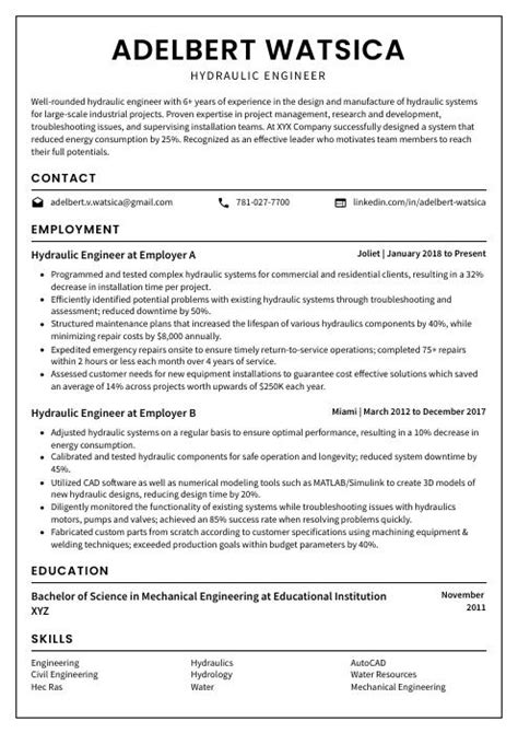 Hydraulic Engineer Resume (CV) Example and Writing Guide