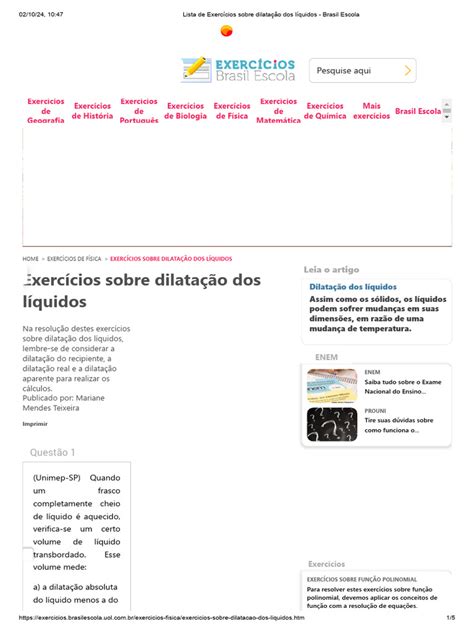 Dilatação Dos Líquidos Exercícios - Lista de Exercícios Sobre Dilatação Dos Líquidos - Brasil Escola | PDF ...