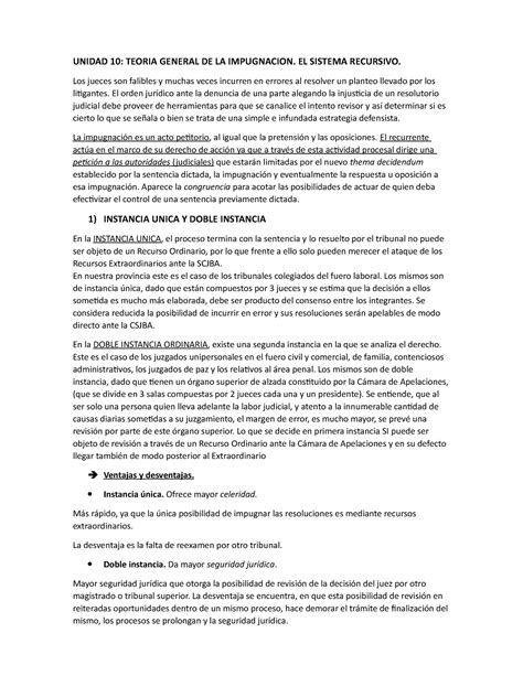 Unidad 10 UNIDAD 10 TEORIA GENERAL DE LA IMPUGNACION EL SISTEMA